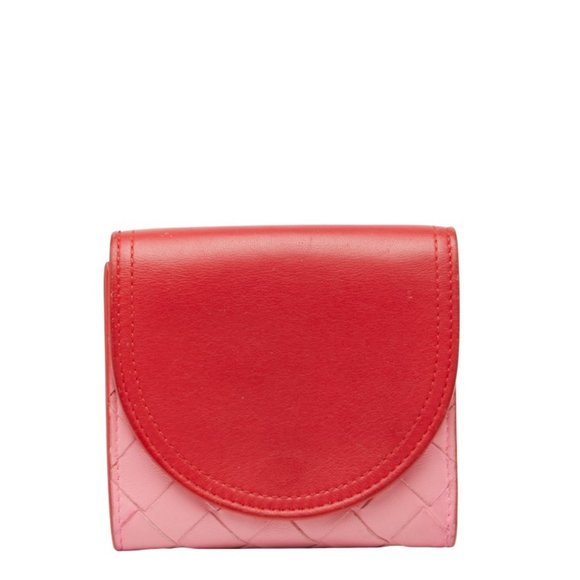 Bottega Veneta Intrecciato Bi-fold Wallet 577841 Red Pink Leather Women's BOT...